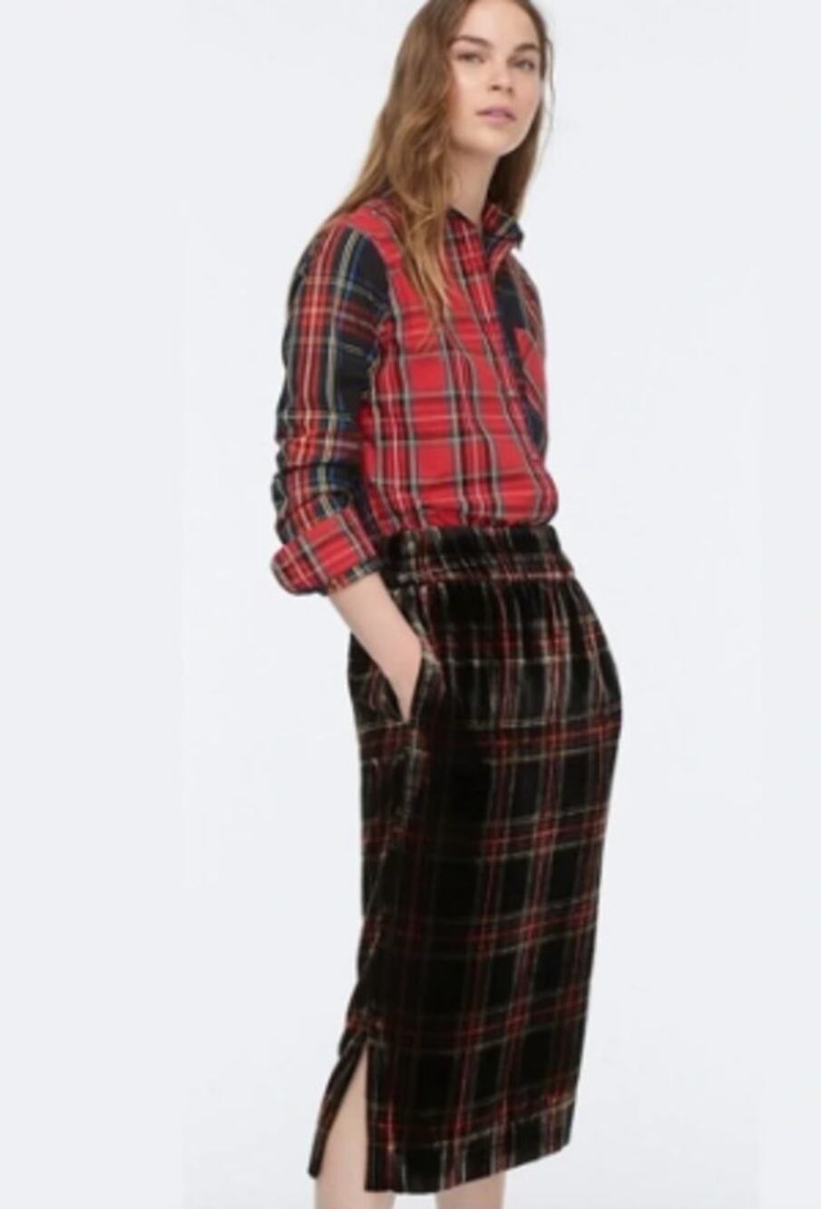 J.Crew Chloe Velvet Plaid Tartan Midi Skirt Size XS